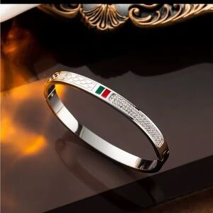 Silver Bangle with Red and Green Accents